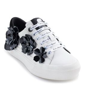 Karl Lagerfeld White Leather Sneaker with Black Floral Appliqués